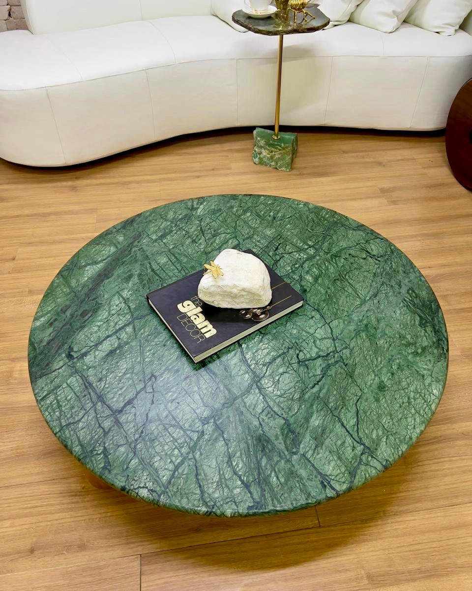 Mesa de Centro - Malbec Mármore Verde Guatemala Textura do Tampo Polida ( Com Brilho ) - Base Cilindrica Pequena