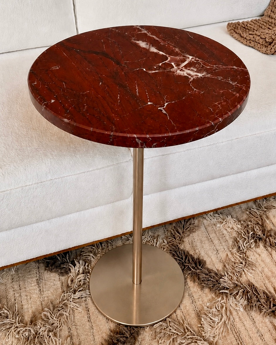 Mesa Lateral - Mármore Vermelho - Napoleão Textura Levigada (Fosco Acetinado ) Base cor Champanhe