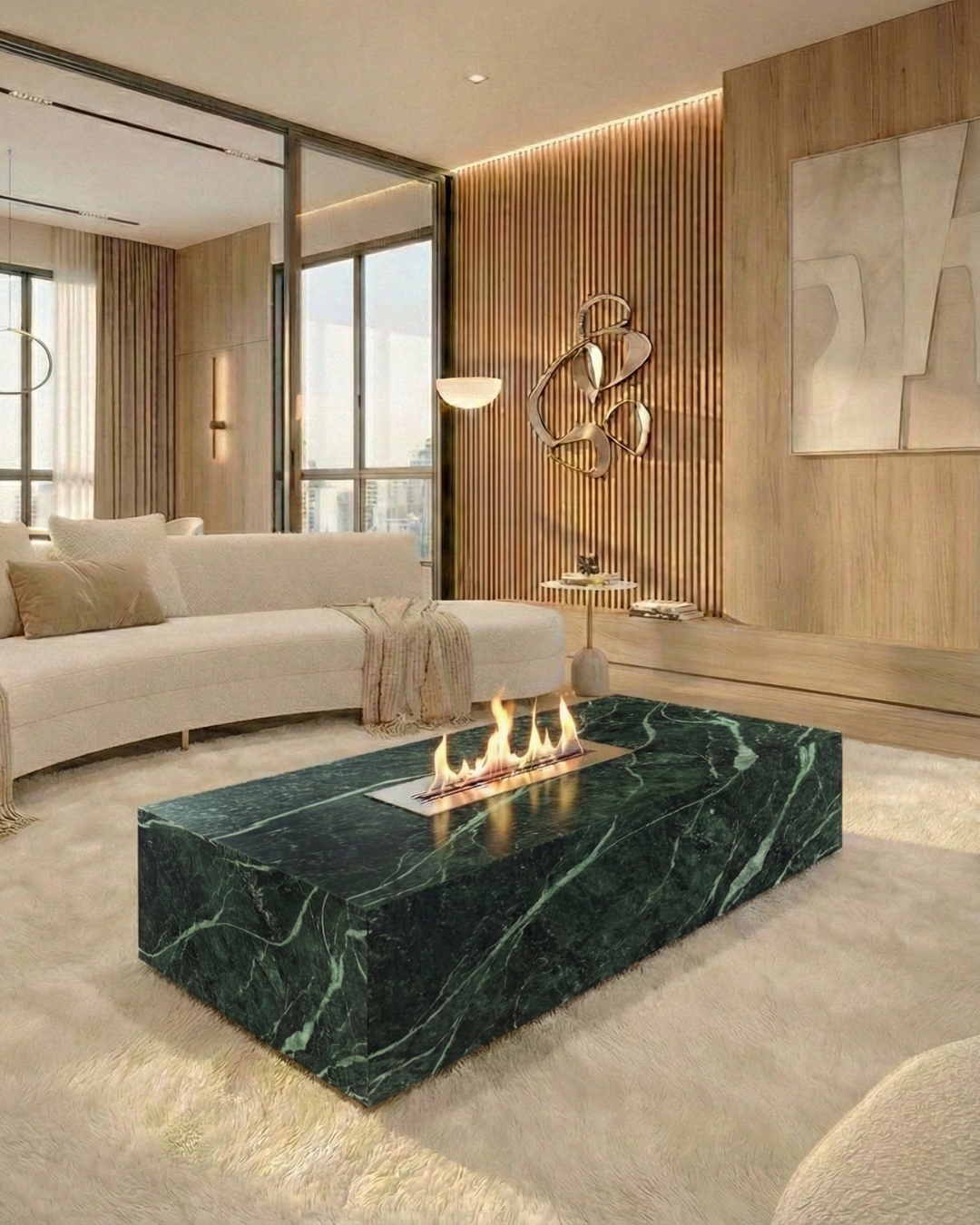 Mesa de Centro com Lareira - Mármore Verde Alpi