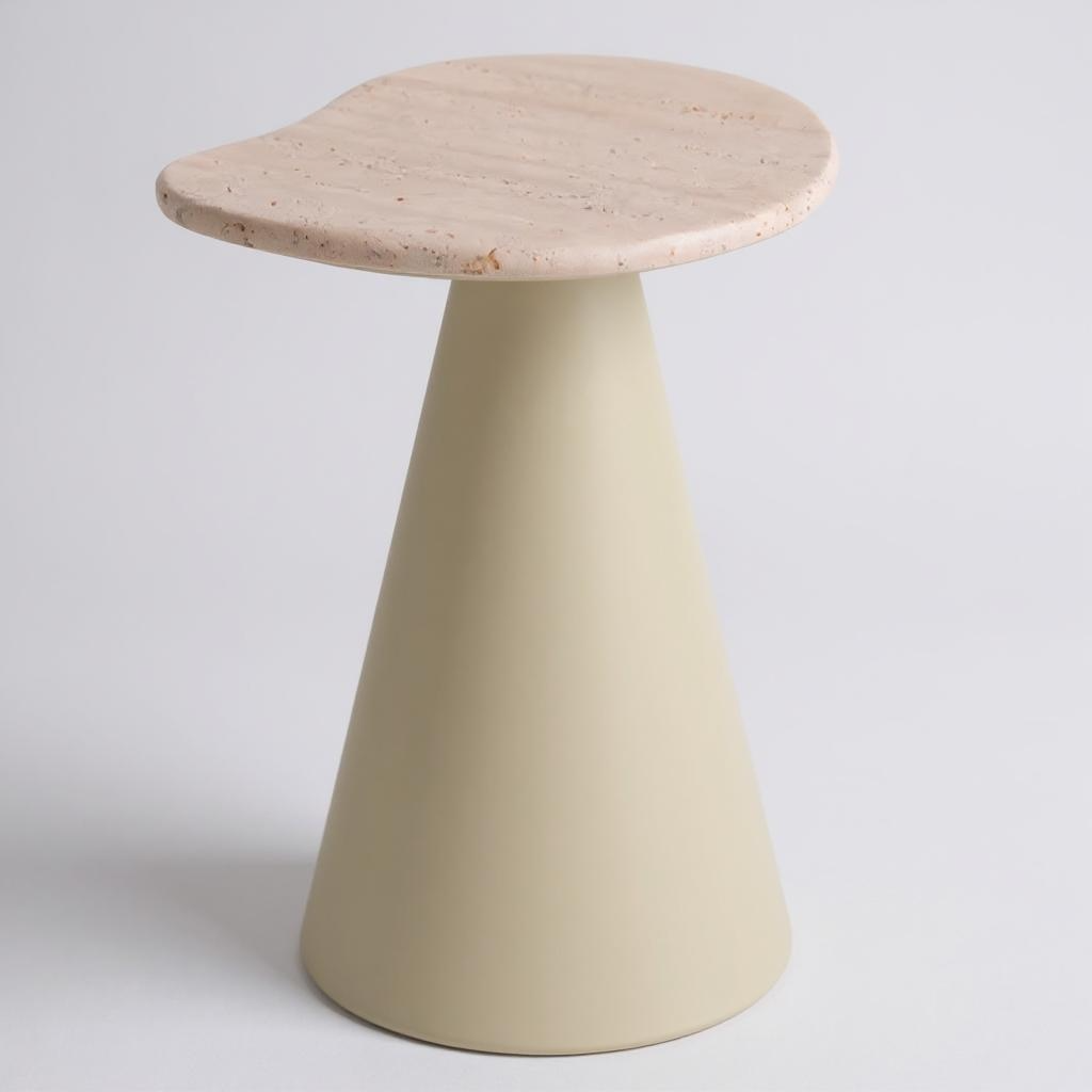 Mesa Eclipse Orgânica - Mármore Travertino Romano Legítimo - Base Cone / Cor Bege