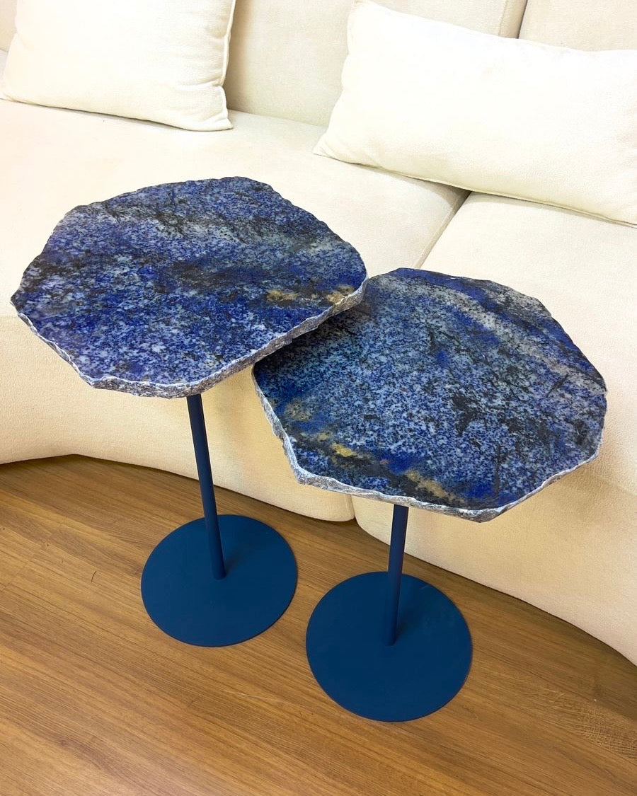 Dupla Orgânica - Mármore Azul Raríssimo - 2 Mesas 55 e 60 Cm de altura