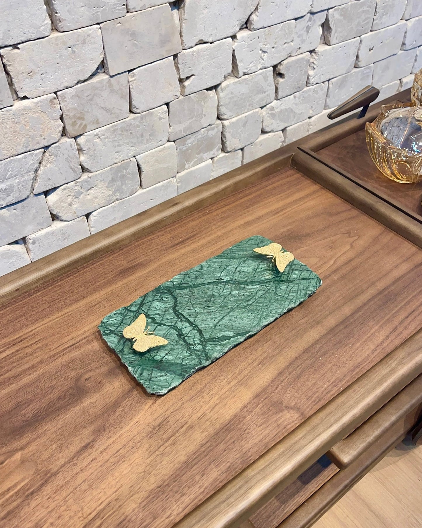 Bandeja - Mármore Verde Guatemala com Borboletas 15x30 Cm