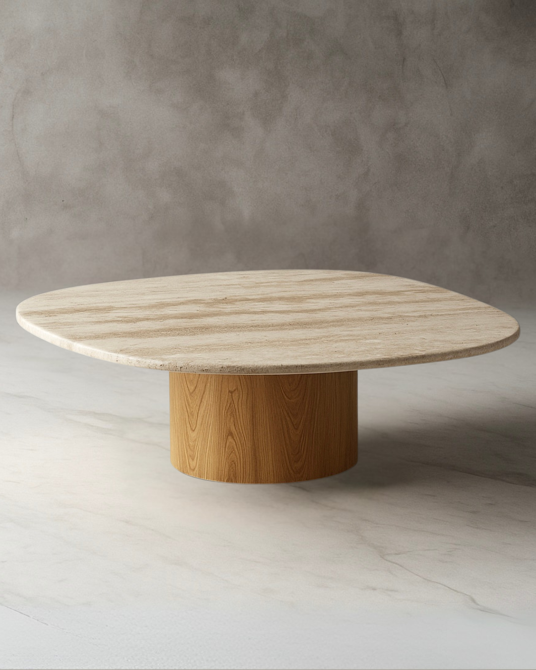 Mesa de Centro - Concha Mármore Travertino Romano Legítimo - Base Cilindro Grande