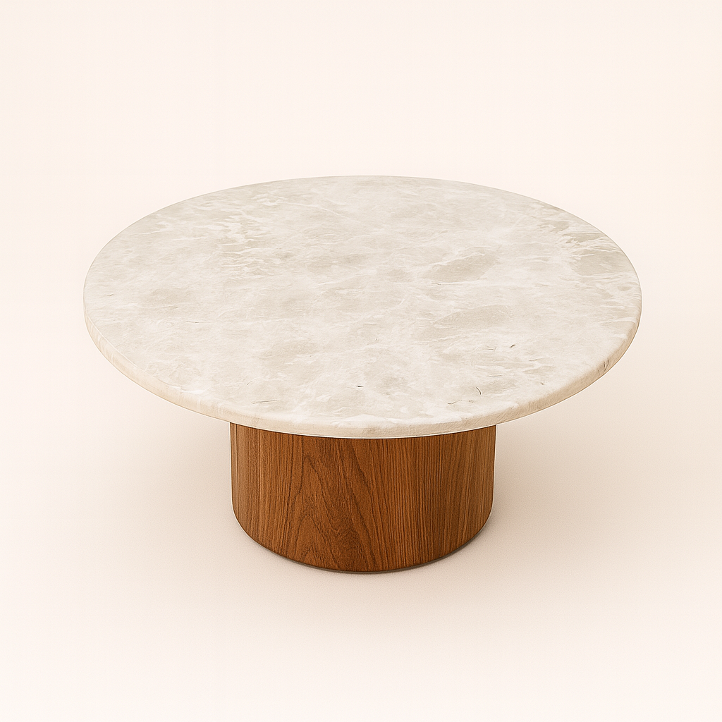 Mesa de Centro Malbec Mármore Travertino White Cream - Base Cilindro Grande