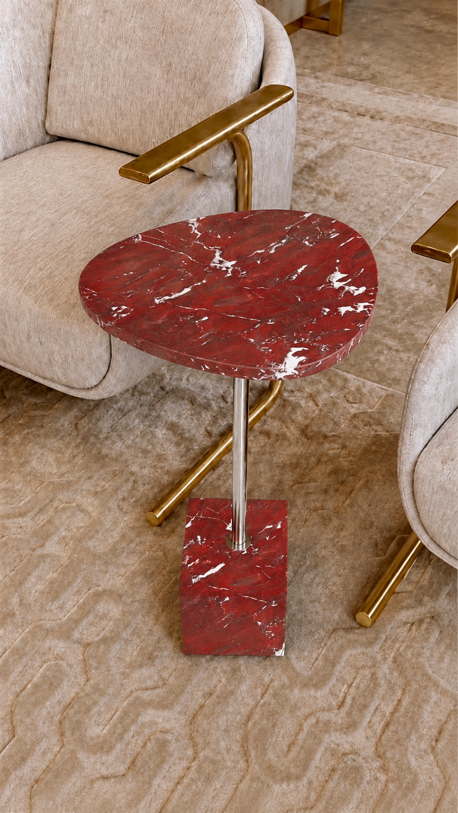 Mesa Sangiovese - Mármore Vermelho Napoleon | Haste Dourada | Textura Levigada