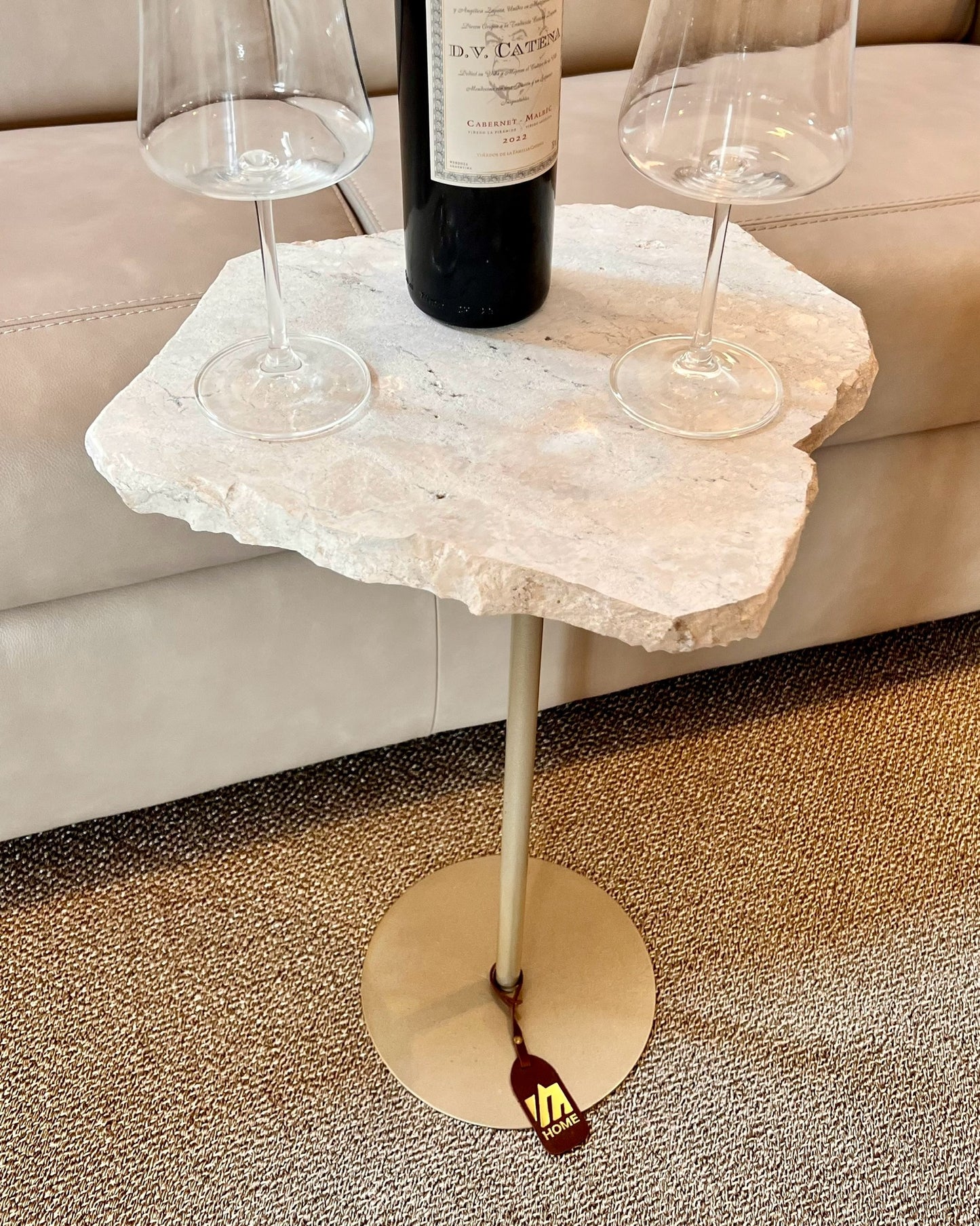 Mesa de Apoio Orgânica - Mármore Travertino White Cream - Base cor Champanhe