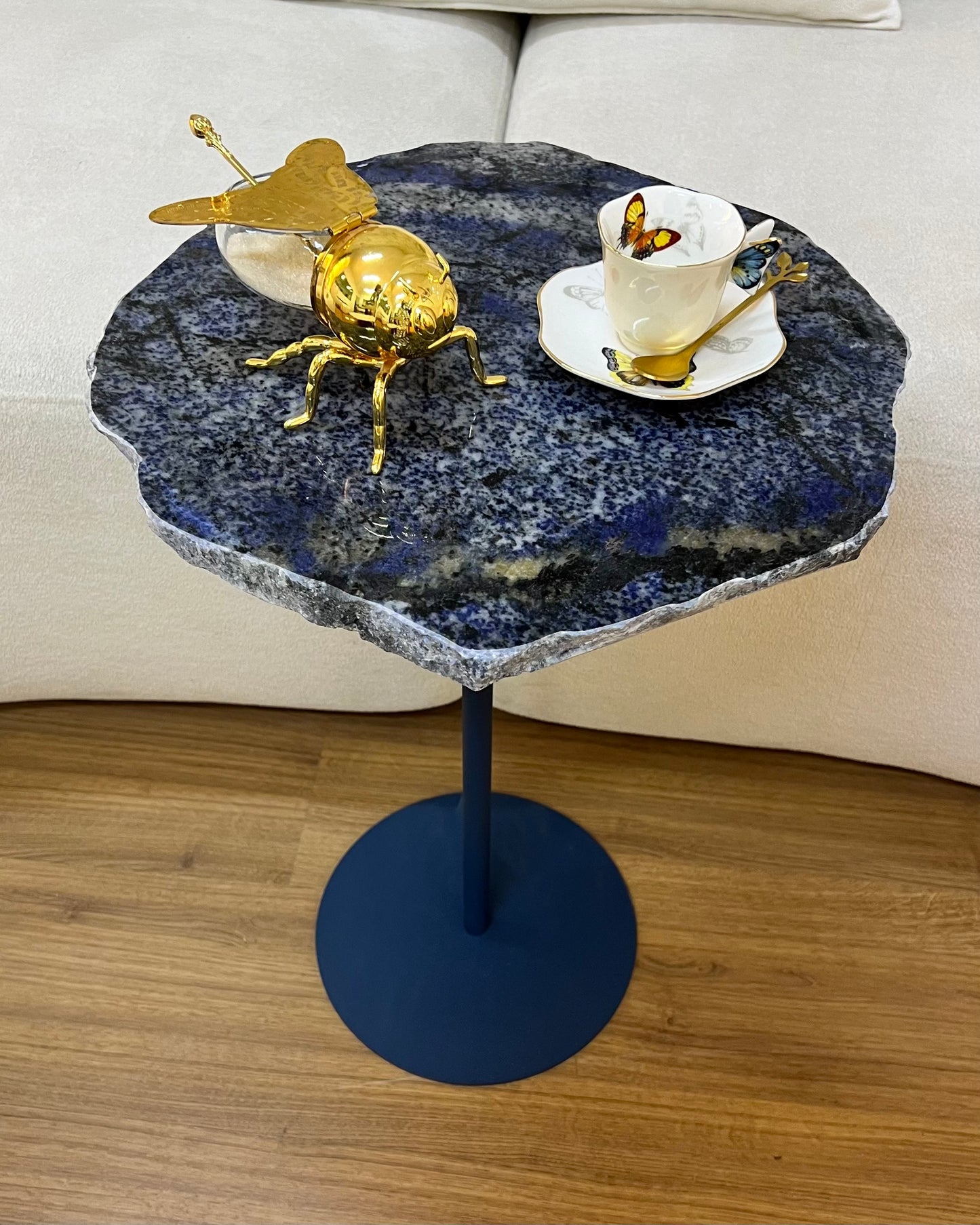 Mesa Lateral - Mármore Azul Raríssimo - Orgânica - Base Azul