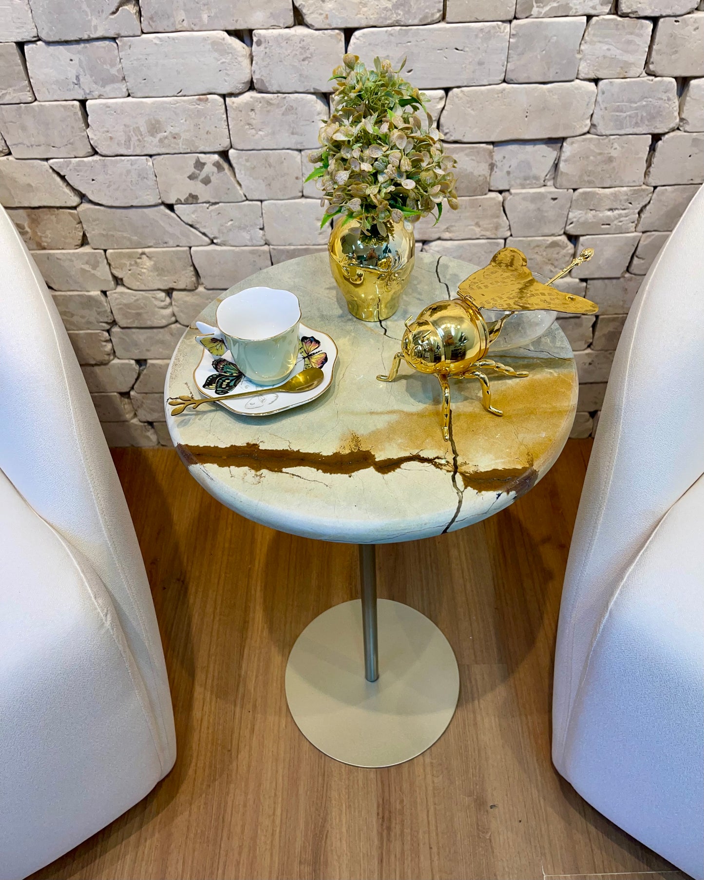 Mesa de Apoio - Blue Deep - Linha Zera - Base cor Champanhe- Acabamento Abaulado