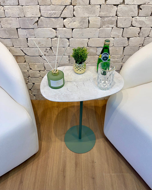 Mesa de Apoio - Linha Tulipa - Mármore Travertino White Cream - Base Cor Verde