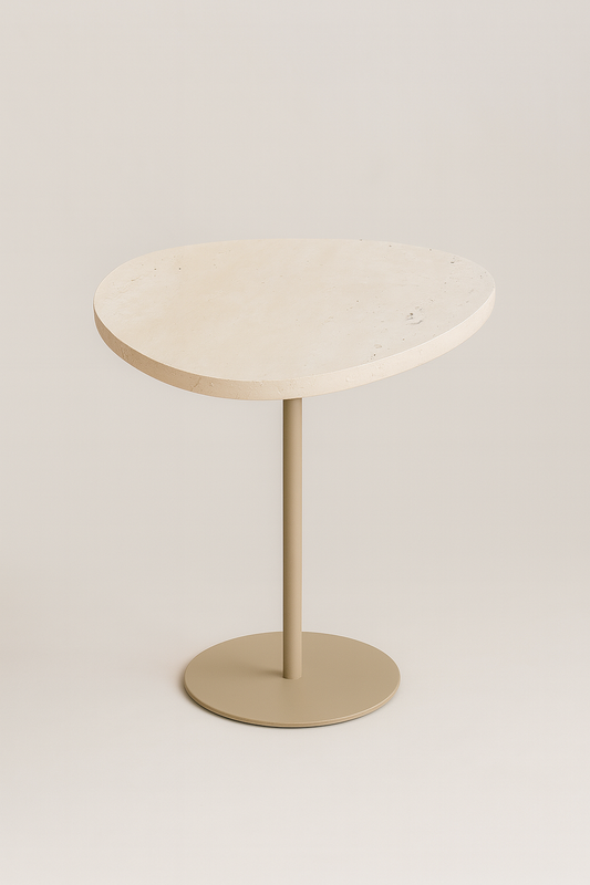 Mesa de Apoio - Linha Essencialle - Mármore Travertino Romano Legítimo - Base cor Bege Redonda
