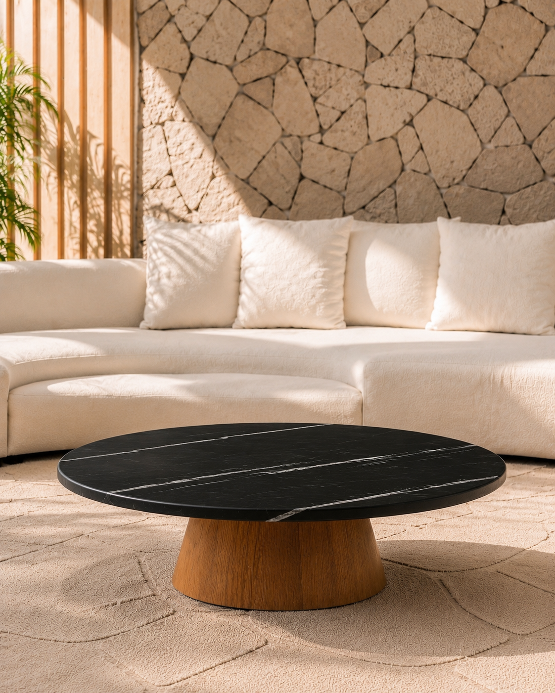 Mesa de Centro - Malbec Dallas Mármore Nero Striatto- Textura do Tampo Textura Levigado sem Brilho / Base Cilindro Grande