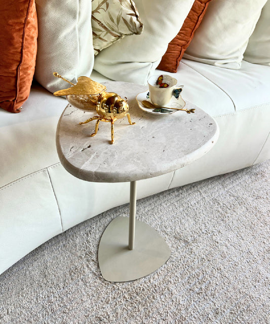 Mesa de Apoio em Mármore Travertino White Cream+ Ganhe uma Bandeja de Tarvertino Romano