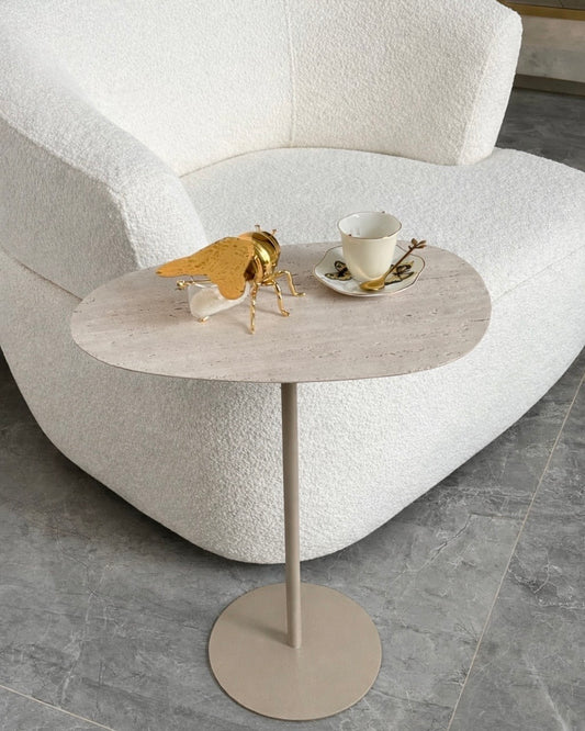 Mesa de Apoio - Linha Tulipa - Travertino Romano Sarinen  - Base cor Bege