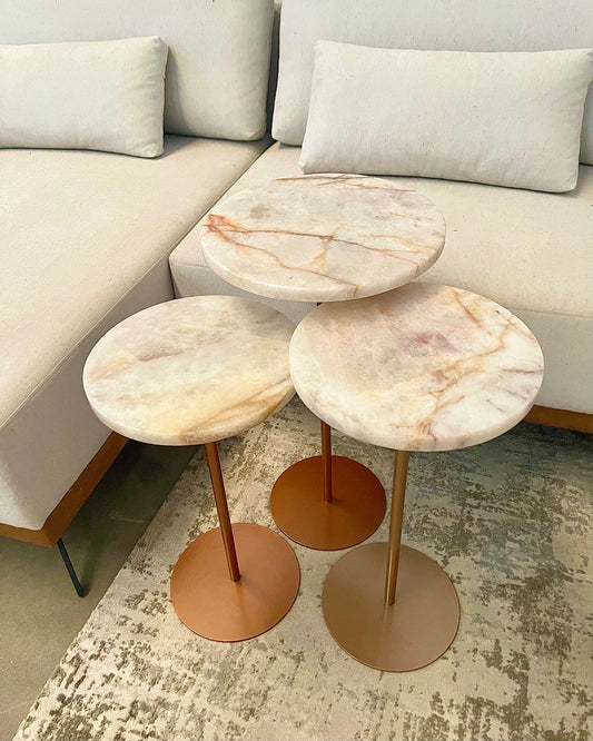 Trio mesas laterais - Quartzito Cristallo Rose - 3 Mesas 65 , 60 e 55 Cm