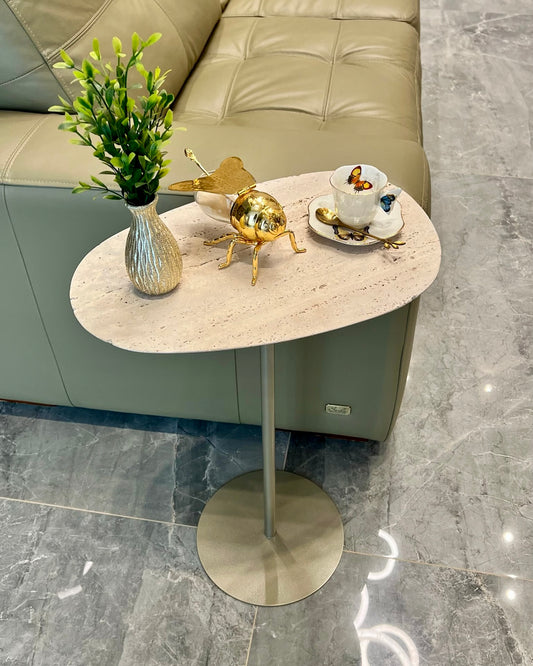 Mesa - Lateral Tulipa - Travertino Romano - Base Cor Champanhe