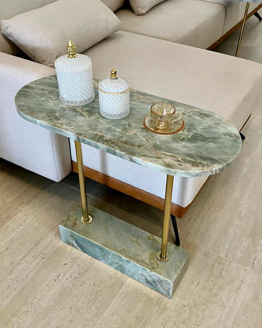 Mesa Aparador - Quartzito Verde Esmeralda / Haste cor Dourada
