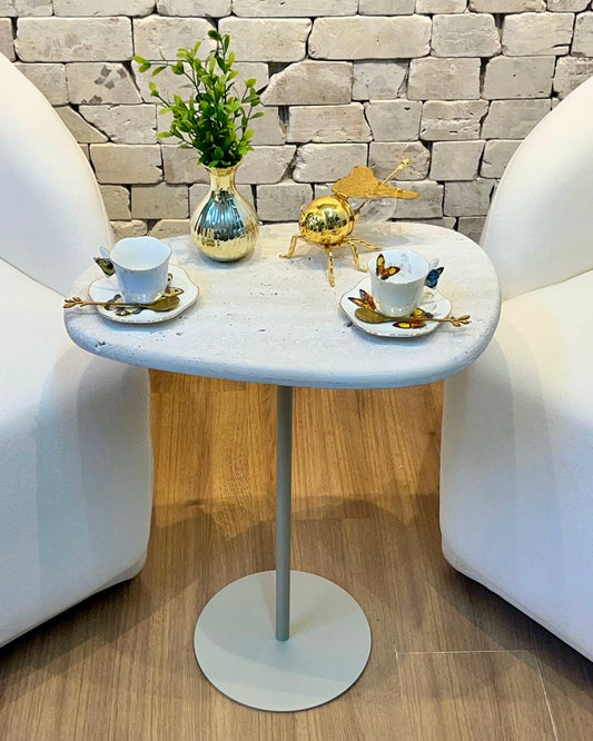 Mesa Lateral - Mármore Travertino Romano Legítimo - Borda meio Boleada - Base cor Bege