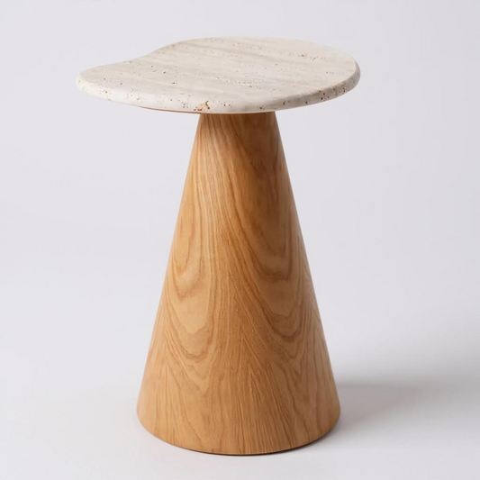 Mesa Eclipse Orgânica - Mármore Travertino Romano Legítimo - Base Cone Madeira Freijó