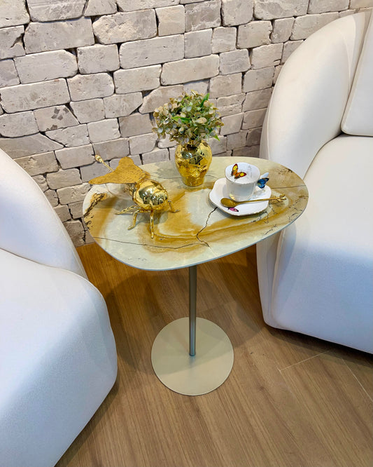 Mesa - Lateral Tulipa - Quartzito Blue Deep - Base Cor Champanhe