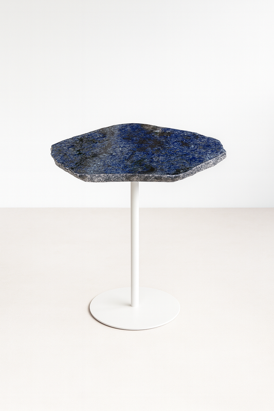 Mesa Lateral - Mármore Azul Raríssimo - Orgânica - Base Branca