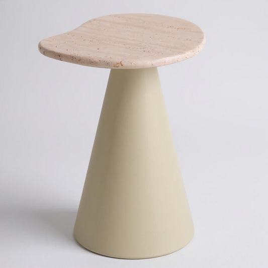 Mesa Eclipse Orgânica - Mármore Travertino Romano Legítimo - Base Cone / Cor Bege