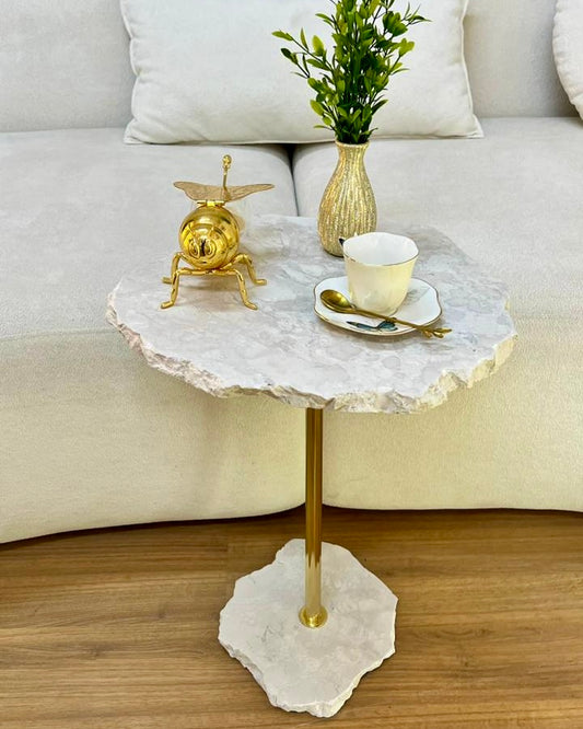 Mesa de Apoio - Mármore Travertino White Cream - Haste Dourada