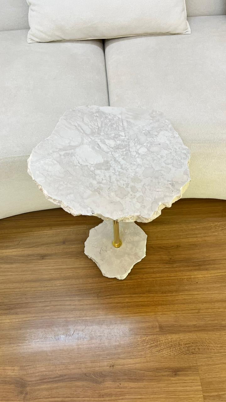 Mesa de Apoio - Mármore Travertino White Cream - Haste Dourada