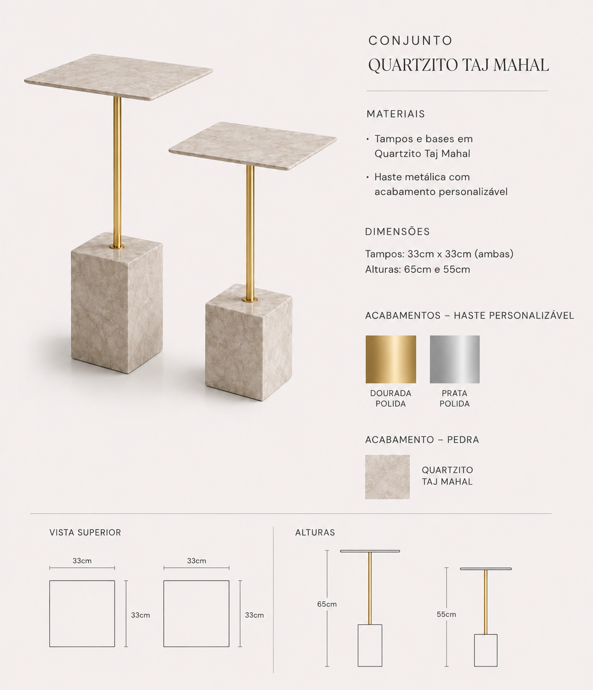 Mesa Lateral Casal Quadratino | Mármore Taj Mahal