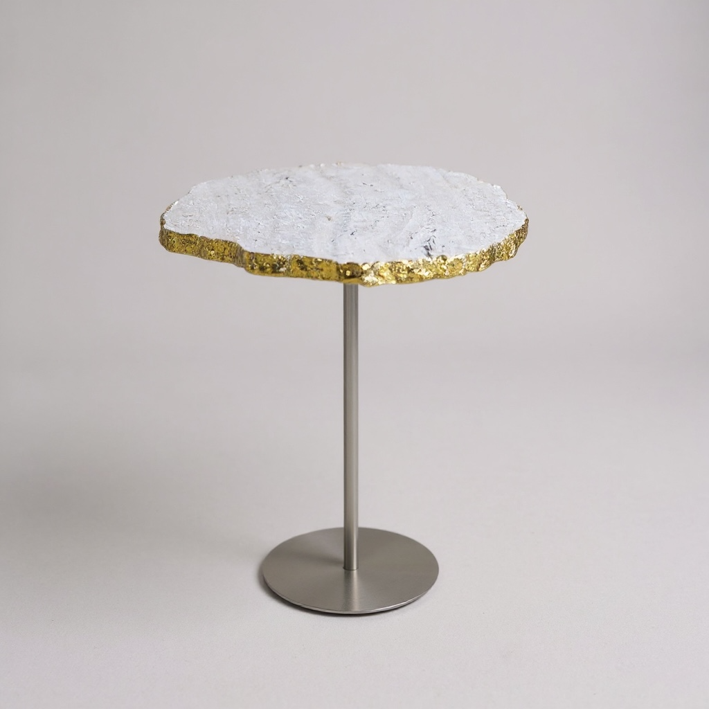 Mesa Lateral - Mármore Travertino Romano Legítimo - Borda de Folha de ouro Orgânica - Base cor Champanhe