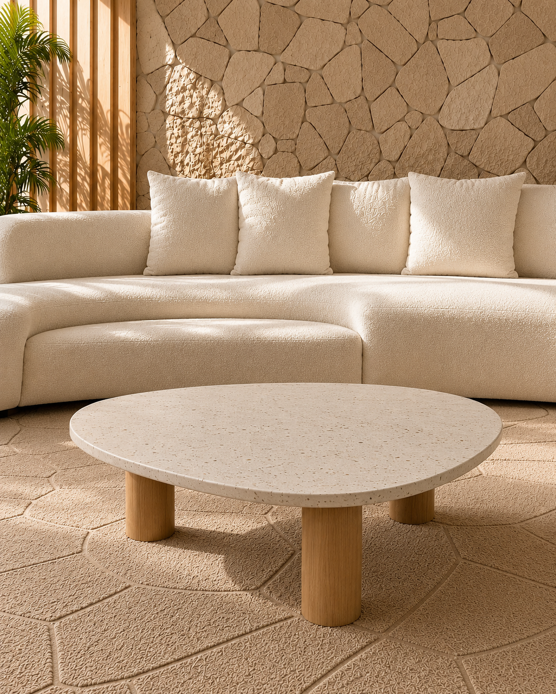 Mesa de Centro - Sangiovese Mármore Travertino Romano - Textura Natural - Base Cilindro Pequeno