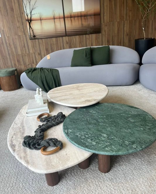 Mesa de Centro Trio Orgânico Misto - Mármore Travertino Romano e Verde Guatemala