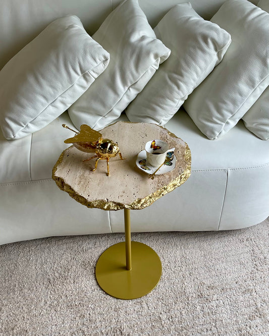 Mesa de Apoio - Mármore Travertino Romano Legítimo - Tampo orgânico Com folhas de Ouro