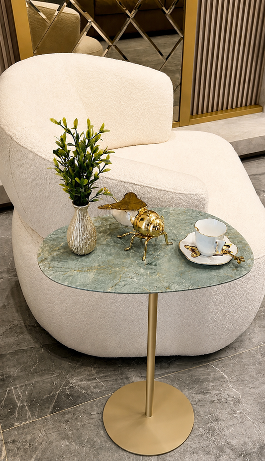 Mesa - Lateral Tulipa - Quartzito Verde Esmeralda | Base Cor Dourada
