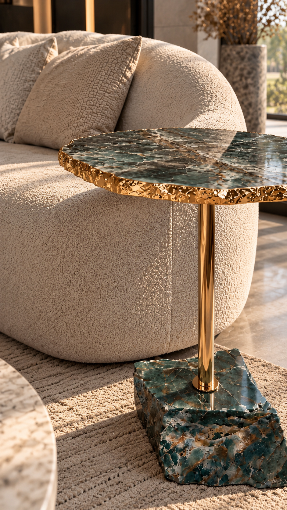 Mesa Lateral Pietra - Quartzo Verde Esmeralda Royale Borda Folha de Ouro - Haste Doura Polida