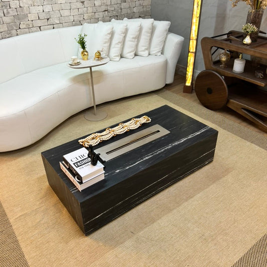 Mesa de Centro Vulcano com Lareira em Mármore Nero Striatto