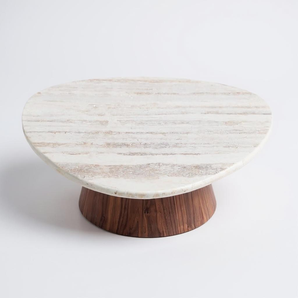 Mesa de Centro - Sangiovese Mármore Travertino Romano - Textura Natural - Base Cilindro Grande