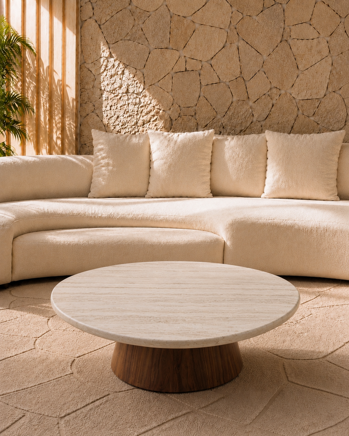 Mesa de Centro - Sangiovese Mármore Travertino Romano - Textura Natural - Base Cilindro Grande