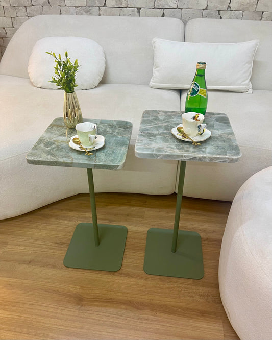 Casal Quadrato - Dupla Mesas Quartzito Verde Esmeralda - 2 Mesas 60 e 55 Cm de Altura