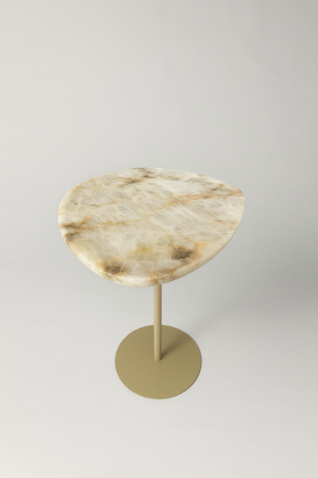 Mesa de Apoio - Linha Essencialle - Quartzito Cristallo Gold- Base cor Bege Redonda