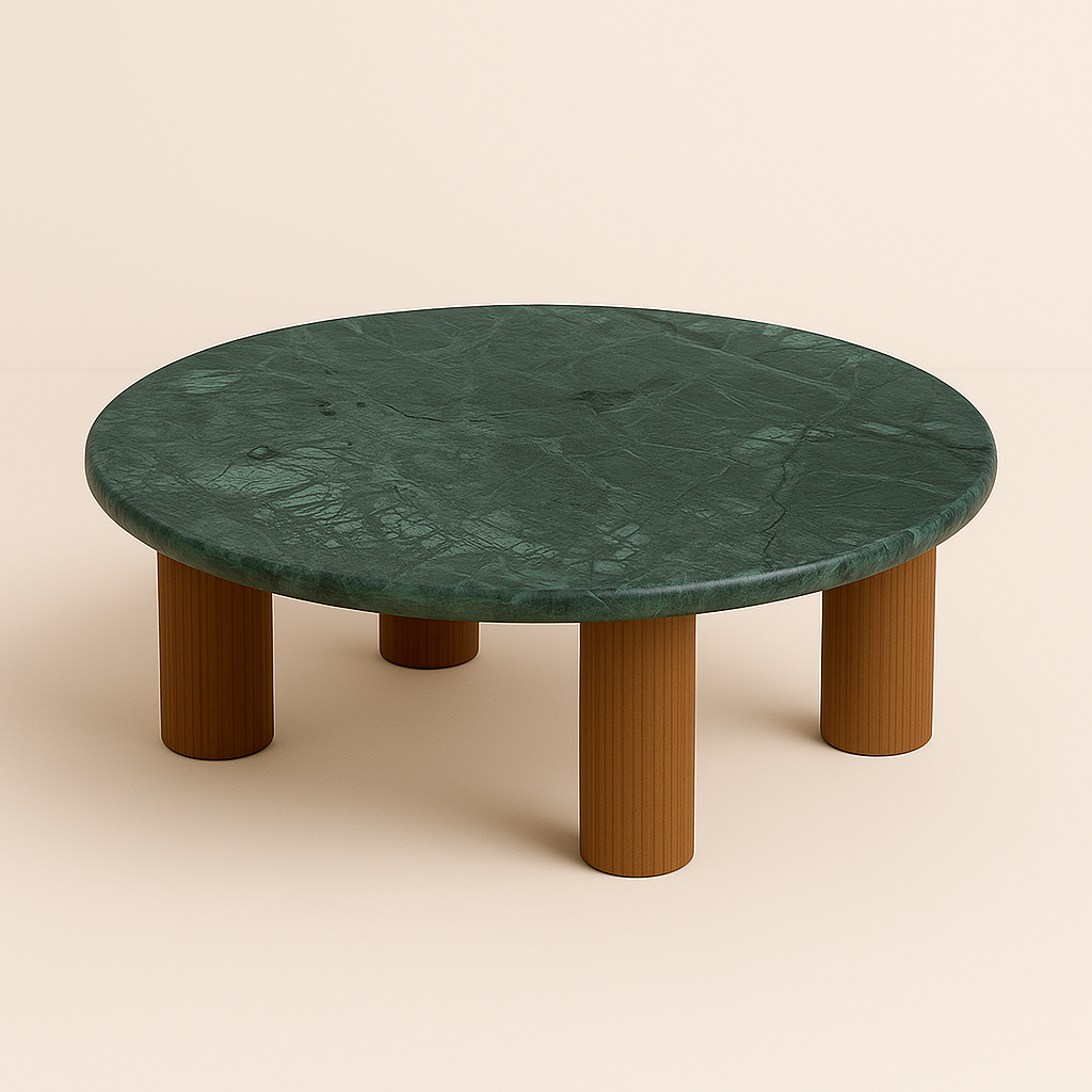 Mesa de Centro - Malbec Mármore Verde Guatemala Textura do Tampo Polida ( Com Brilho ) - Base Cilindrica Pequena