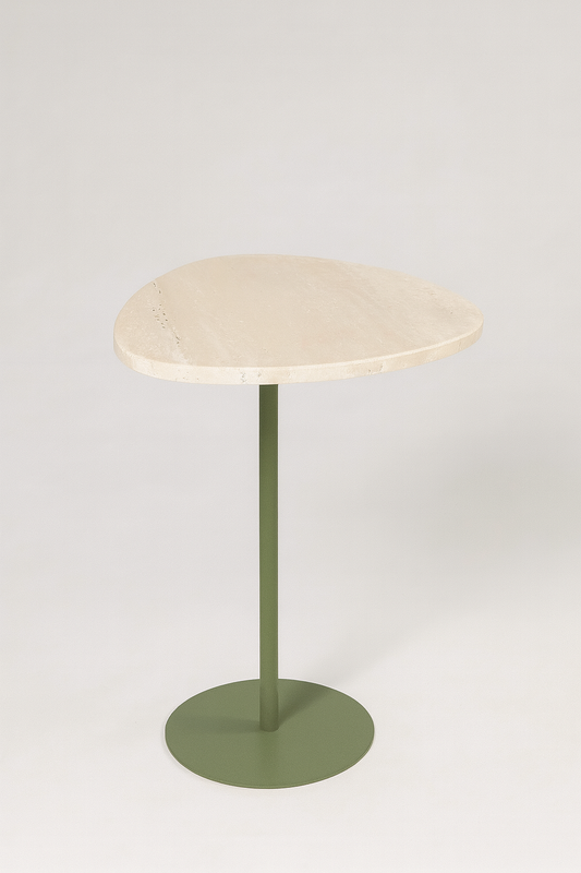 Mesa de Apoio - Linha Essencialle - Mármore Travertino Romano Legítimo - Base cor Verde Redonda