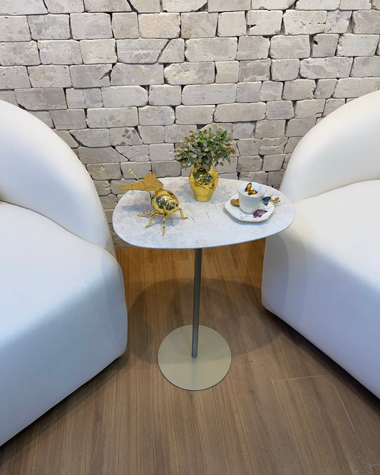 Mesa de Apoio - Linha Tulipa - Mármore Travertino White Cream Sarinen - Base Cor Champanhe