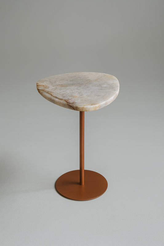 Mesa de Apoio - Linha Essencialle - Quartzito Cristallo Rose - Base cor Cobre Redonda