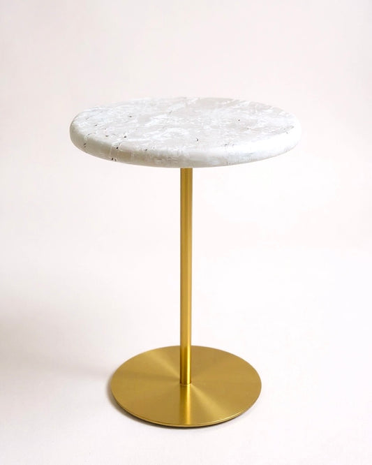 Mesa de Apoio -  Zera - Mármore Travertino White Cream - Borda Meia Boleada - Base cor Ouro