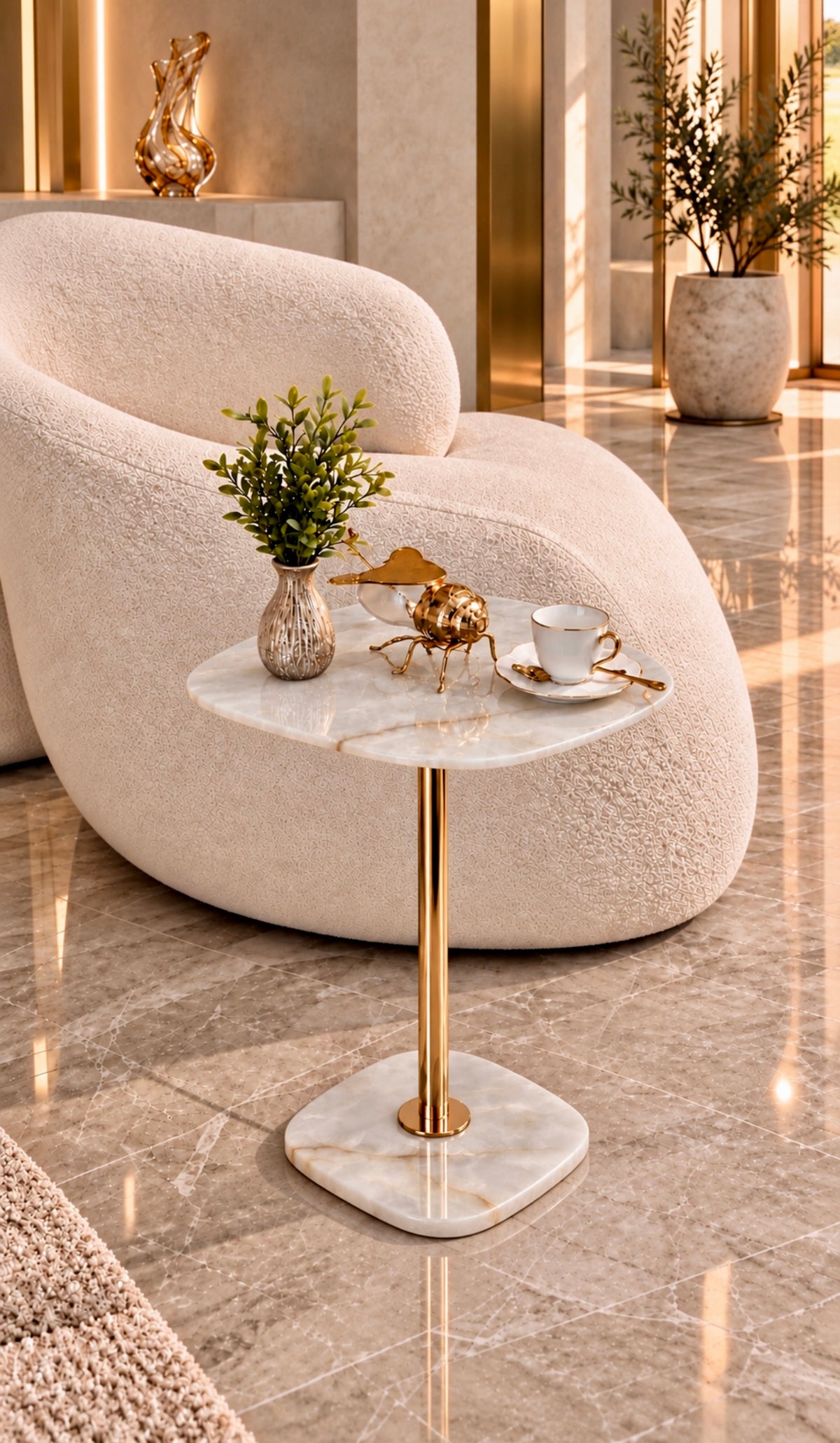Mesa de Apoio Conchita  | Önix Cristallo Gold | Edição Especial - Haste cor Dourada Polida