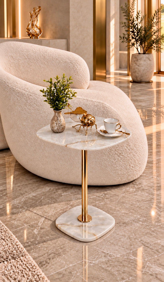Mesa de Apoio Conchita  | Önix Cristallo Gold | Edição Especial - Haste cor Dourada Polida