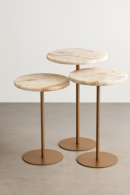 Trio mesas Apoio  - Quartzito Cristallo Rose - Base cor Champanhe - 3 Mesas 65 , 60 e 55 Cm