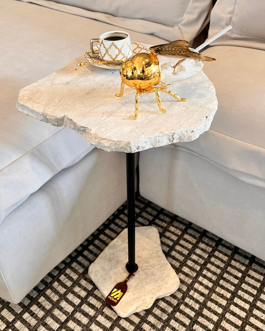 Mesa de Apoio- Mármore Travertino White Cream - Haste Preta