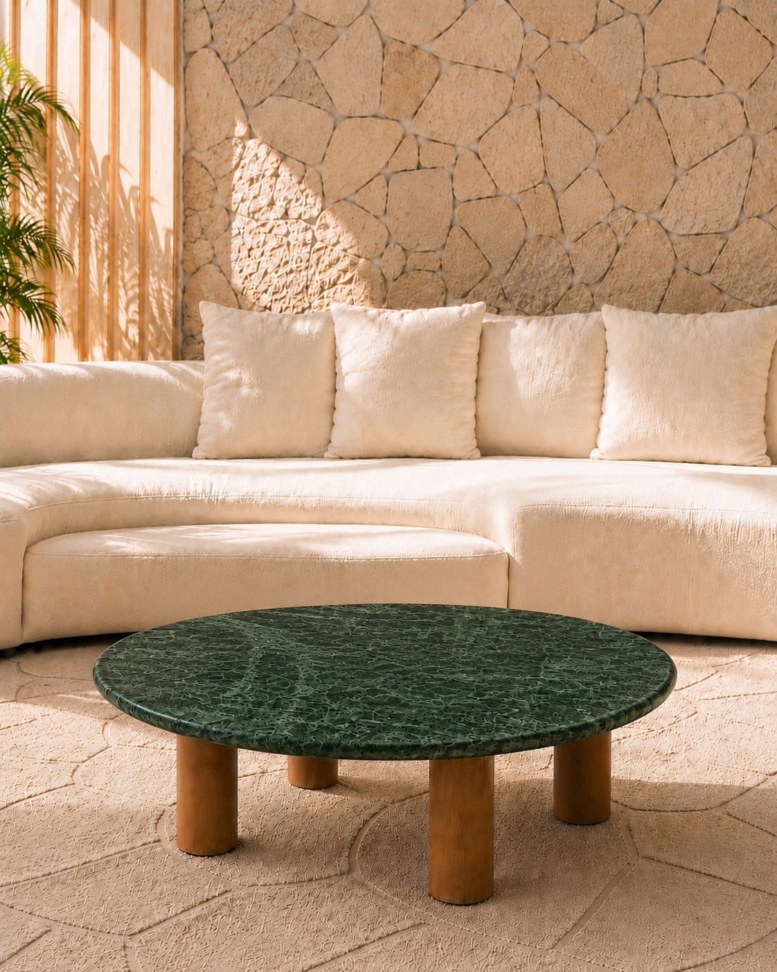 Mesa de Centro - Malbec Mármore Verde Guatemala Textura do Tampo Polida ( Com Brilho ) - Base Cilindrica Pequena