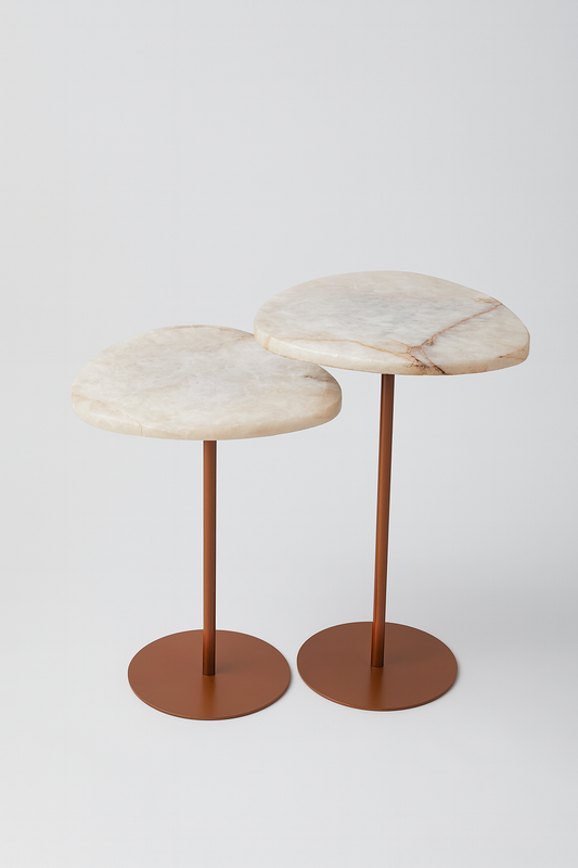Dupla de Mesas de Apoio - Linha Essencialle
Quartzito Cristallo Rose Base cor Cobre- 2 Mesas 65 e 60 Cm